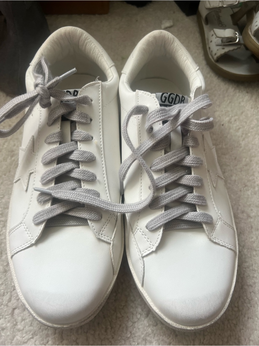 GGDB White Leather Low-Top Sneakers with Light Gray Laces